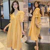 Летнее платье для беременных, желтая длинная юбка, расширенная летняя одежда, премиум класс, V-образный вырез