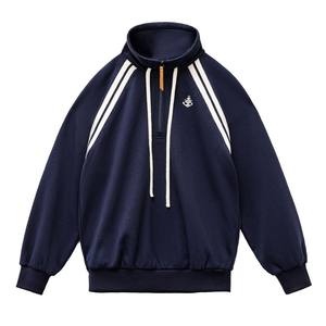 
Madden American retro college style navy half-zip turn-up stand-up collar pullover long-sleeved hooded sweatshirt for women autumn
