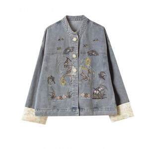 
Boucherie beaded embroidery stitching denim jacket 2026 spring new Chinese style foreign style loose large size women's clothing