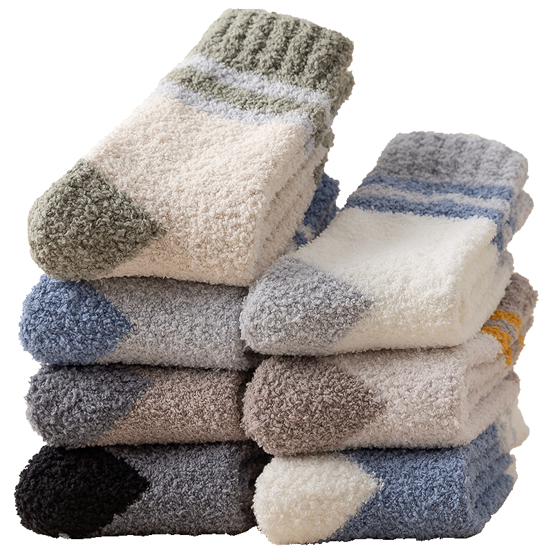 Coral velvet socks Men's autumn and winter hood socks plus fluffy floor socks Men's contrasting color keeps home sleep stockings