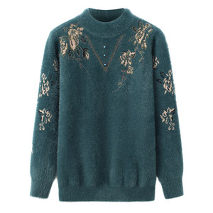 Mom pretend to be a half -neck of mink hair flowers in winter sweater middle -aged and elderly women's loose collisions knitted bottoming shirt
