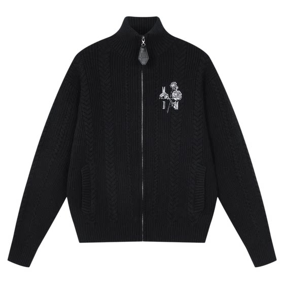 
MEDM rough ribbed rose embroidery casual warm zipper sweater American men's and women's turtleneck sweater jacket