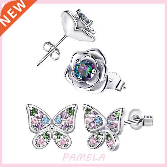 PAMELA 925 Sterling Silver Butterfly Zircon Earrings Rose Fl