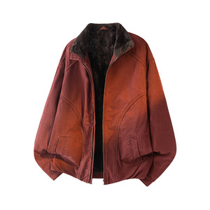 
European and American high-luxury red denim jacket men's winter velvet thickened pure cotton jacket heavy stand-up collar warm cotton clothes