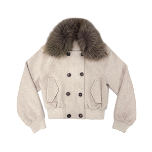 
JCAESAR WOMEN Detachable fur collar double-breasted pea coat Austrian wool blend jacket
