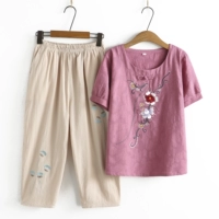 Летняя одежда для матери, комплект, бюстгальтер-топ, футболка с коротким рукавом для пожилых людей, из хлопка и льна, 40-50 лет