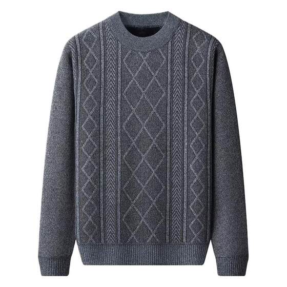 
Middle-aged and elderly father wears men's sweater with velvet thickened autumn and winter father knitted base shirt striped inner wear