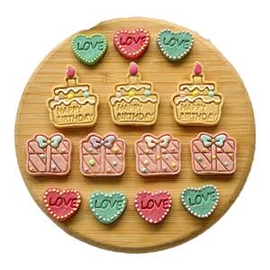 Pure handmade homemade pet snacks birthday cake gift love drizzle small biscuits dog party decoration platter
