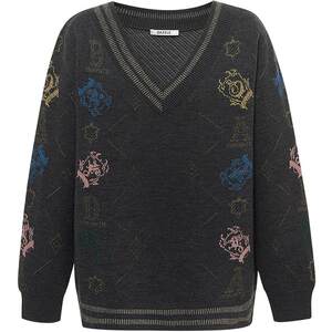 
DAZZLE Disu Ole Spring and Autumn French Lazy Loose V-neck Jacquard Pullover Knitted Sweater Women's Top
