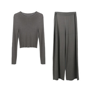 
Deessesicile Brown Cashmere Knitted Slim Bottoming Shirt Wide Leg Pants Comfortable Suit for Women