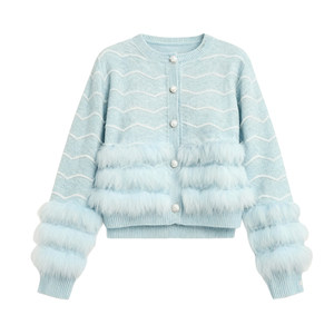 
DPLAY new winter blue sweater women's striped splicing heavy industry fashionable and versatile tops