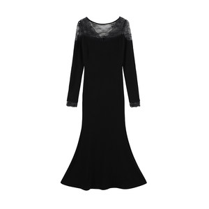 
Happy and happy black lace long sleeves with fishtail dress for women in winter sexy temperament slim hip-wrapped long skirt