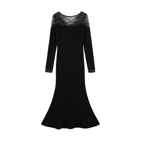 
Happy and happy black lace long sleeves with fishtail dress for women in winter sexy temperament slim hip-wrapped long skirt