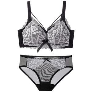 
Lace underwear women's small breast push-up, side breasts anti-sagging black sexy bra set 2026 new hot style