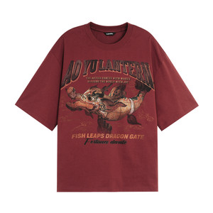 
Lujiamen national trend printed round neck pure cotton sports T-shirt men's loose large size fitness bottoming New Year's limited top