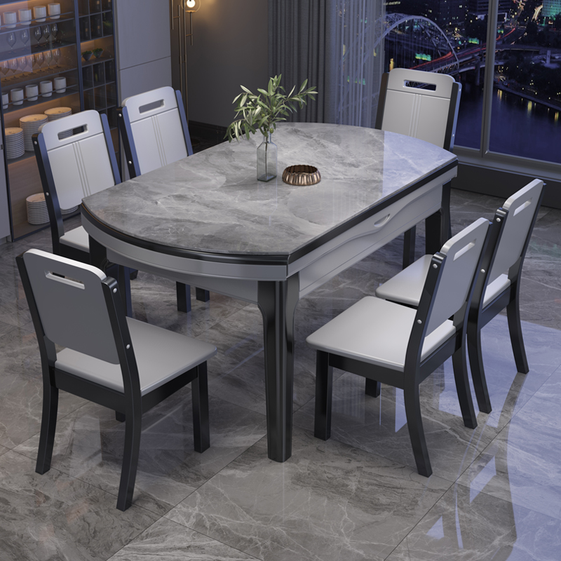 岩板亮面简约现代家用餐桌椅组合多功能伸缩圆形意式轻奢实木餐桌