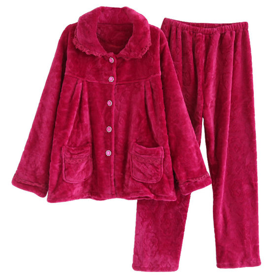 Autumn and winter thick coral velvet pajamas suits women plus velvet flavors long -sleeved old -fashioned cardigan large -size home clothing