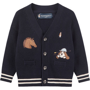 
Hush Puppies children's clothing boys' knitted cardigan 25 autumn and winter new children's baby sweater children's cartoon New Year sweater