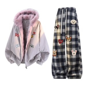 
Charles peach heart fur collar mountain carving cotton suit men's plaid plus velvet straight casual trousers couple two-piece set