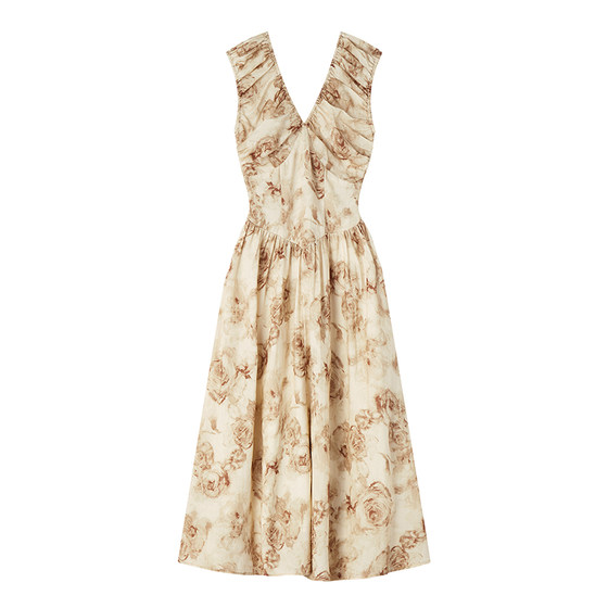 
Ching's French retro brown rose printed large V-neck dress, Tennis linen high waist slim A-line large hem skirt