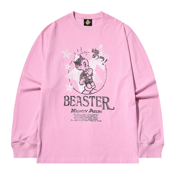 
[Iron Arm Astro Bouge Joint] BEASTER Contrast Print Long Sleeve T-shirt Men and Women Washed Old Loose Tops