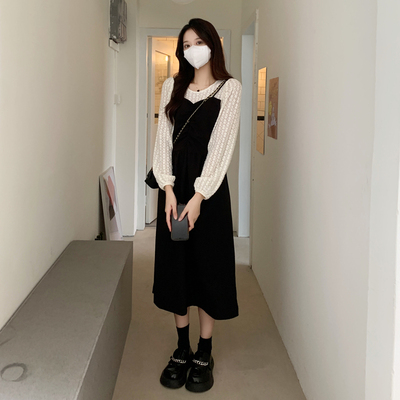 taobao agent Lace demi-season dress with sleeves, fitted brace, long skirt, french style, long sleeve, for plus size ladies, suitable for teen