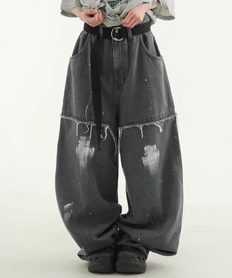 韩国代购 oversize painted denim banding pants 刷漆拼接牛仔裤