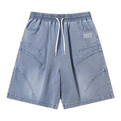 Street style casual imitation denim shorts trendy brand pleated wide-leg straight pants for men and women