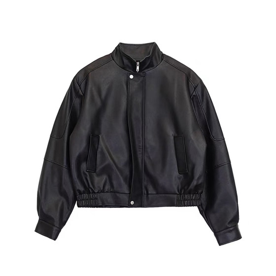 
Spring and Autumn short handsome high-end black leather jacket men's loose stand-up collar shoulder pad motorcycle style PU leather jacket