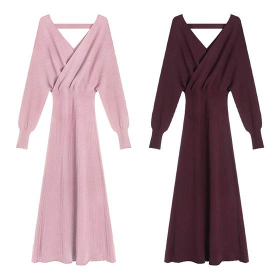 Eryang Design [Moshanghuakai] elegant waist V-neck woolen dress women's slim knitted long skirt