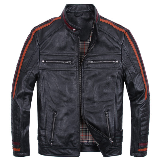 
Off-code clearance, handsome genuine leather jacket for men, first-layer cowhide embroidered motorcycle leather jacket, slim stand-up collar jacket