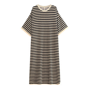 Yuenei pajamas, women's pajamas, summer pure cotton short sleeved long skirts, home clothing, summer oversized striped casual wear