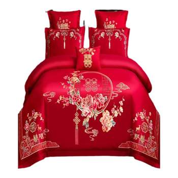 Wedding pure cotton big red four-piece set embroidery wedding dragon and phoenix set full cotton quilt core newlyweds bedding
