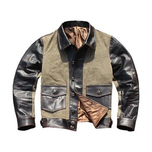 
New American Retro Genuine Leather Jacket Men's Tea Core Oil Wax Horsehide Oil Wax Canvas Casual Slim Lapel Leather Jacket