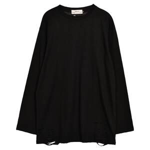 
Wukong has a trendy brand street solid color knife cut hole pure cotton base shirt men's hip-hop loose versatile long-sleeved T-shirt