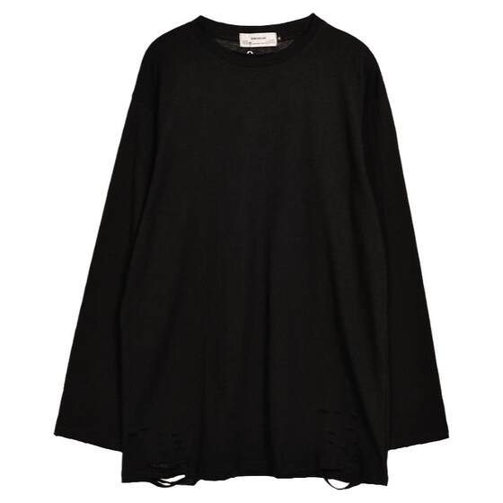 
Wukong has a trendy brand street solid color knife cut hole pure cotton base shirt men's hip-hop loose versatile long-sleeved T-shirt