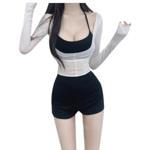 
Short low-cut halterneck camisole long-sleeved tight T-shirt sexy two-piece pure lust hottie fashion suit for women