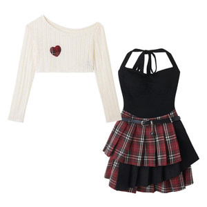 
Fabric Pig Red Arrangement Story Sweet and cool black plaid neck halter dress for women summer hot girl A-line short skirt