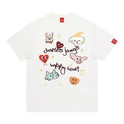 Charles Peach Heart Children's Fun Pet Print Pure Cotton Short Sleeve T-shirt Men and Women Summer Loose American Cartoon Couple