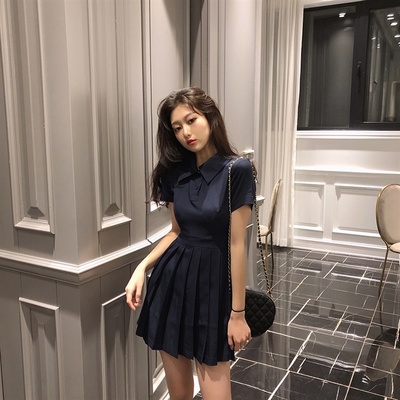 taobao agent Design pleated skirt, fitted brace, dress, plus size, french style, polo collar