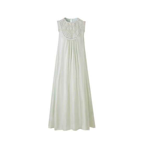 
Sun Yaqiao [Qinghua Fu] new sleeveless loose A-line skirt heavy industry pearl streamer satin vest dress