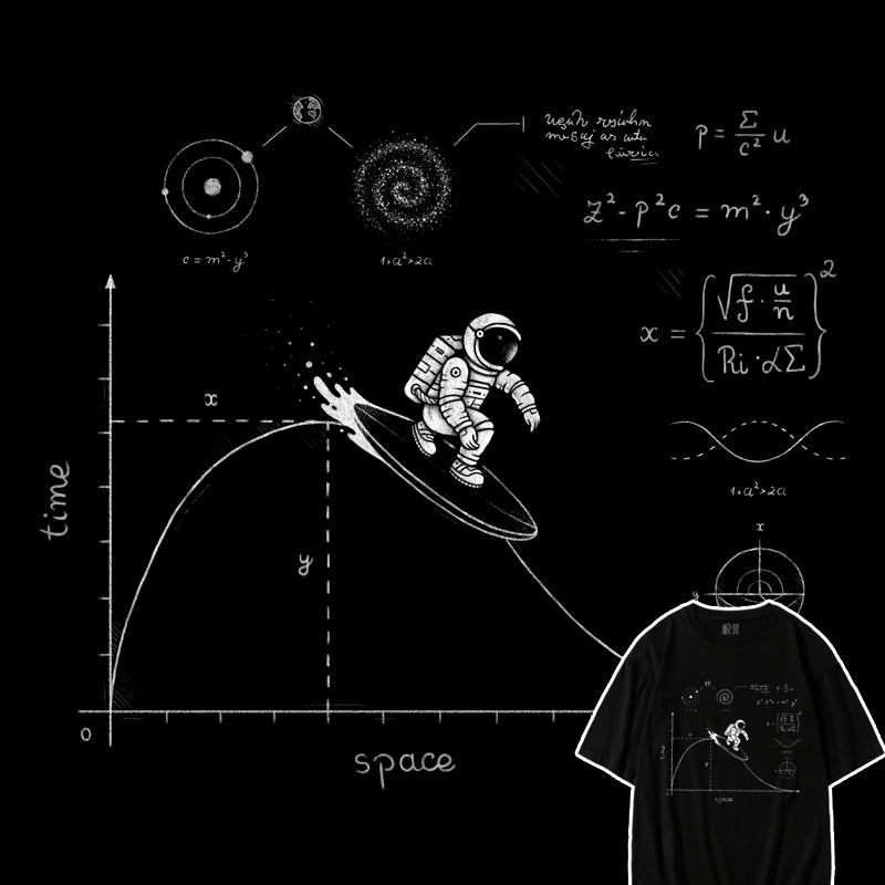 极誉科学风相对论公式t恤宇航员时间空间冲浪纯棉短袖男女宽松