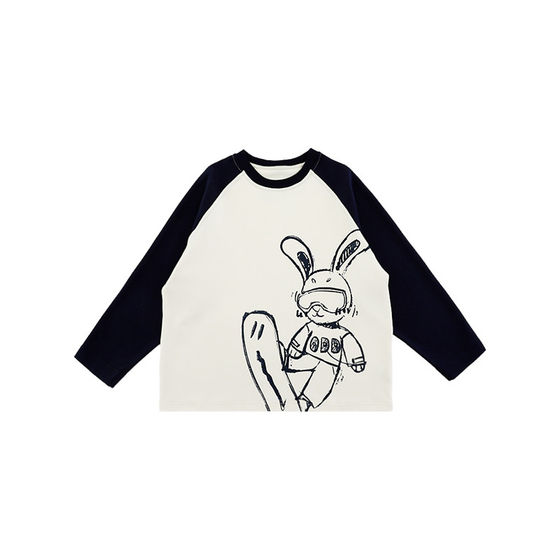 
oddtails boy contrasting color rabbit printed long-sleeved T-shirt spring and autumn new American retro loose round neck top