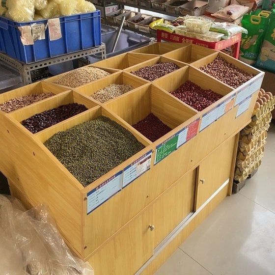 Supermarket grain and dry fruit display cabinet ໄມ້ shelf ເມັດເຂົ້າ bucket ເຂົ້າ bucket snack grain shelf bulk ຕູ້