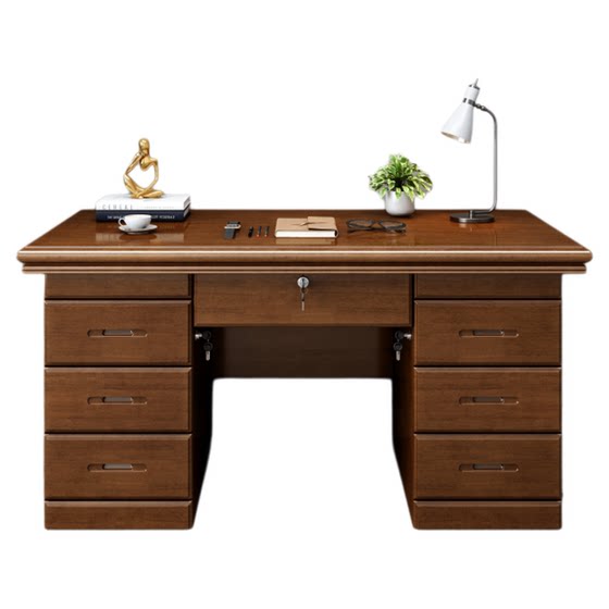 
Solid wood log office desk desktop computer desk office staff single person with drawer lock household desk writing desk