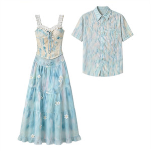 
Couple clothing summer 2026 new niche design short-sleeved shirt two-piece set French one dress and one skirt ins trend