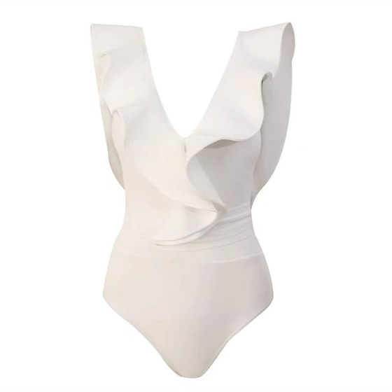 Margery swimsuit women's white one-piece ruffled retro high waist ins wind cover belly slimming gathered hot spring swimsuit