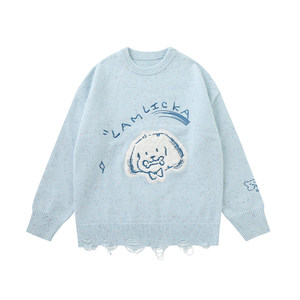 
LAMLICKA blue puppy round neck pullover sweater men's autumn loose lazy style design knitted sweater top