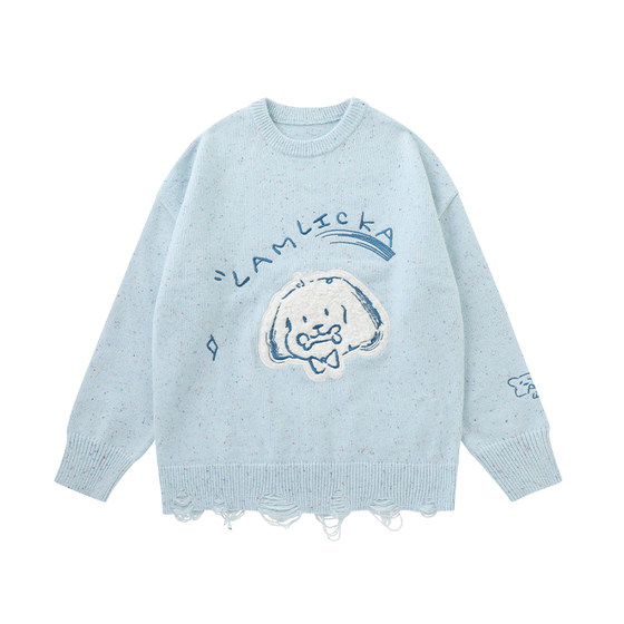 
LAMLICKA blue puppy round neck pullover sweater men's autumn loose lazy style design knitted sweater top
