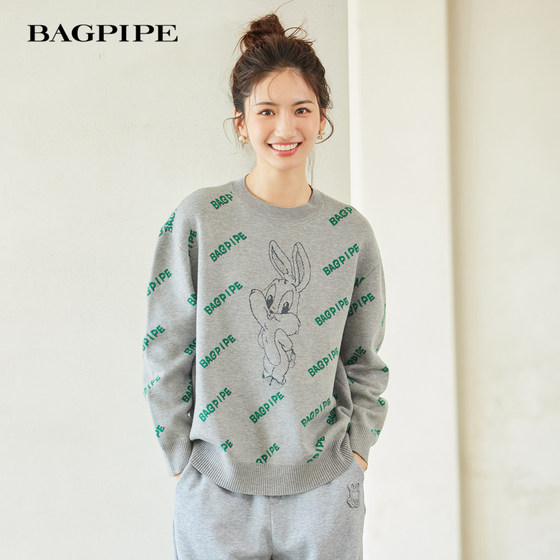 Bagpipe 2023 Winter New Style Knitted Sweater Women's Versatile Round Neck Letter Cartoon Print Pullover Casual Bottoming Shirt